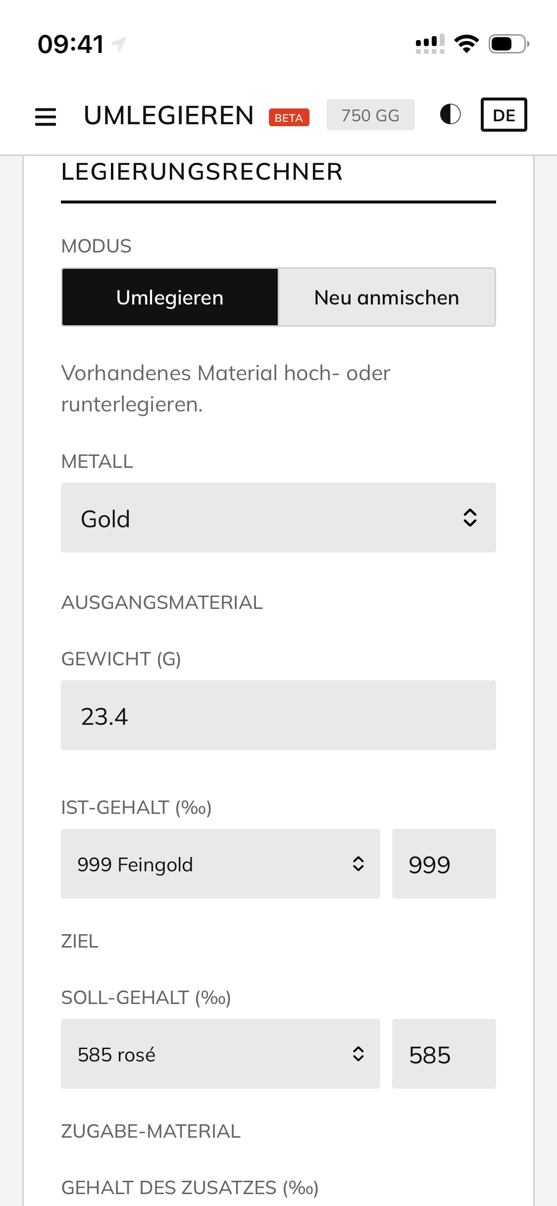 Legierungsrechner Eingabe