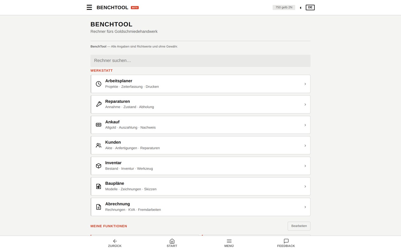 Startseite von BenchTool mit Werkstatt-Modulen und Rechnern